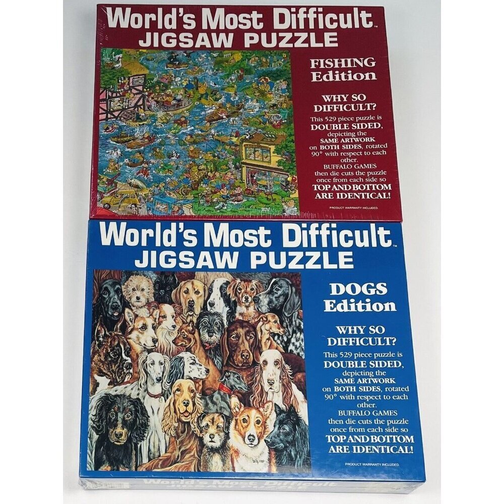 2x World's Most Difficult JIGSAW PUZZLE 529pc DOGS FISHING Double-Sided NIB NEW